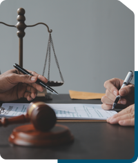 Personas escribiendo sobre un documento con un mazo de juez y una balanza sobre la mesa